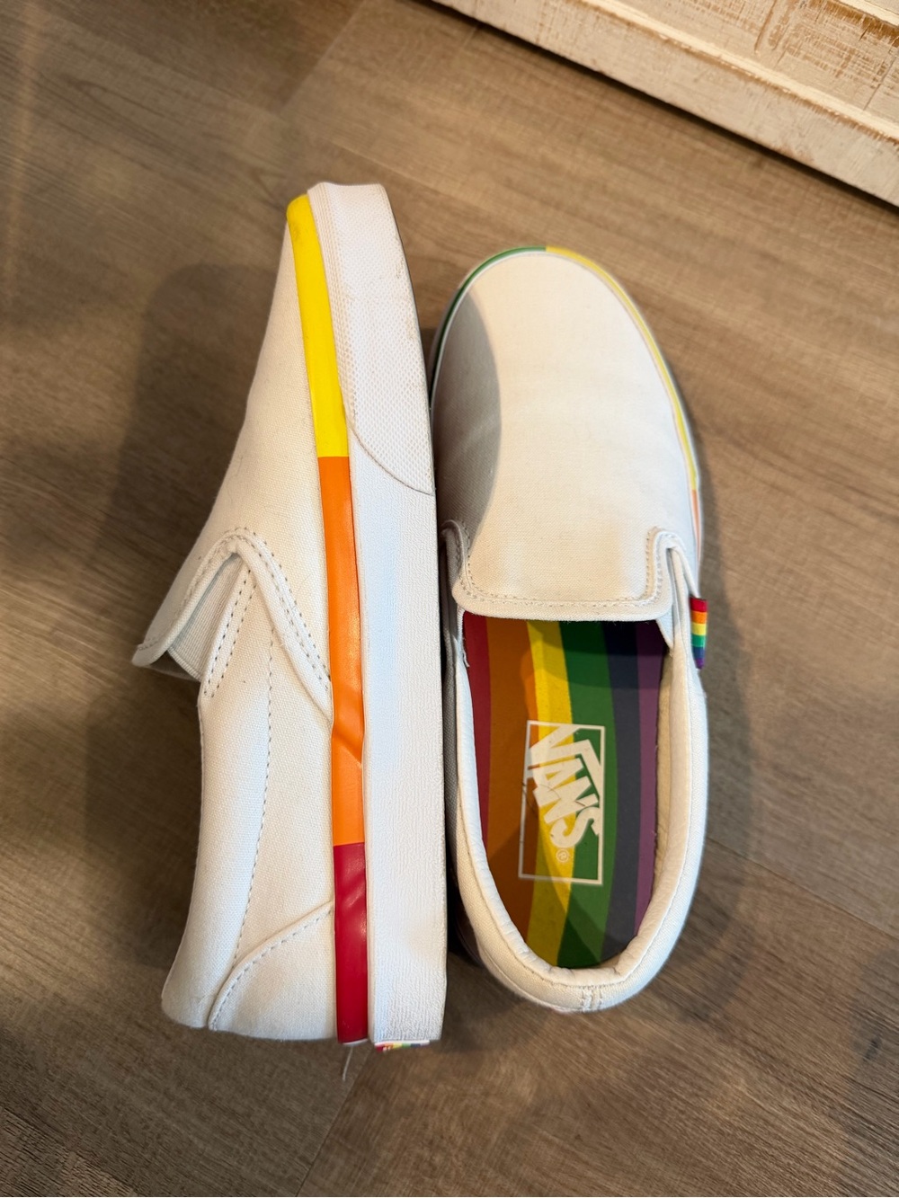 Vans Classic Slip-On - White with Rainbow Accent Size 4 (Women’s 6.5)